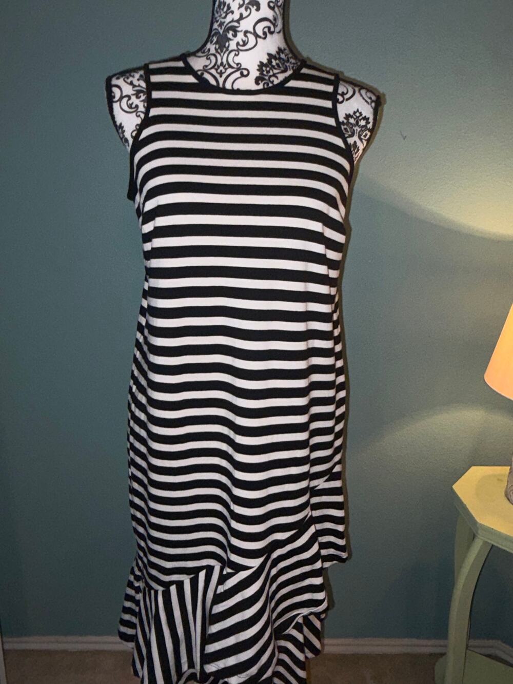 Lauren Ralph Lauren M Black White Striped Ruffle Hem Midi Dress 100% Cotton